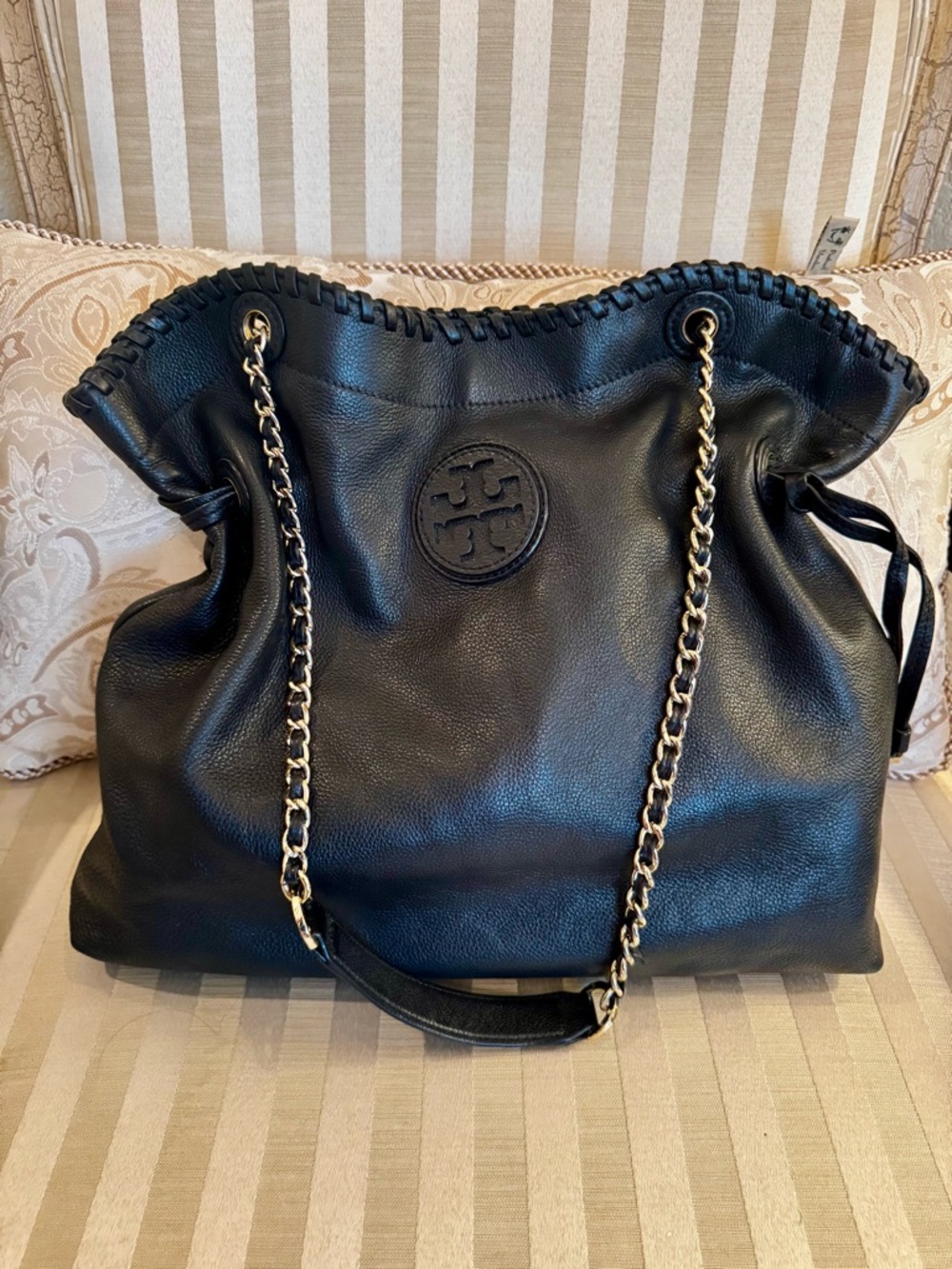 Tory Burch Black Leather Whipstitch Chain-Handle Tote-Vintage